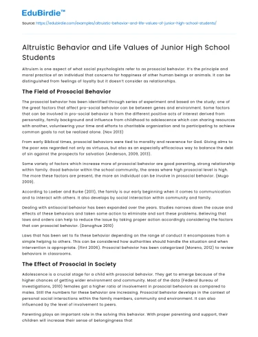 Altruistic Behavior and Life Values of Junior High School Students