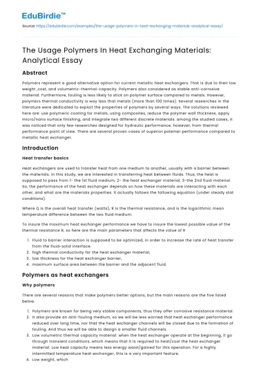 The Usage Polymers In Heat Exchanging Materials: Analytical Essay