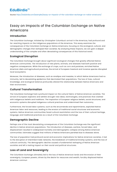Essay on Impacts of the Columbian Exchange on Native Americans