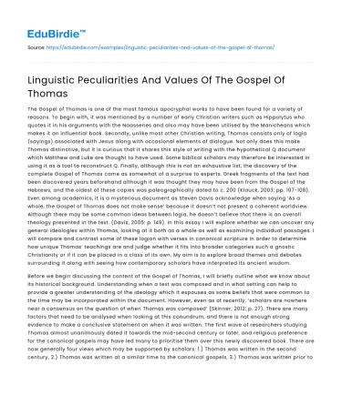Linguistic Peculiarities And Values Of The Gospel Of Thomas
