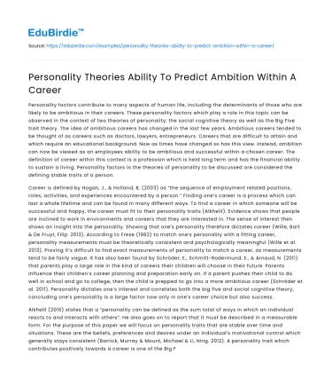 Personality Theories Ability To Predict Ambition Within A Career