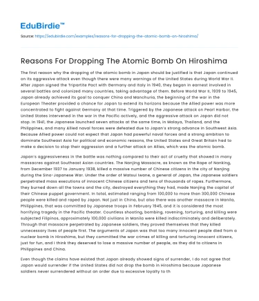 Reasons For Dropping The Atomic Bomb On Hiroshima