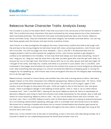 Rebecca Nurse Character Traits: Analysis Essay
