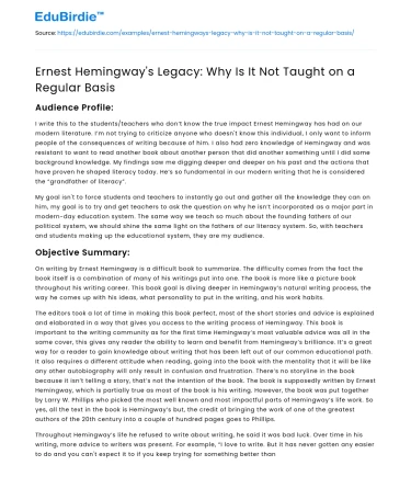 Ernest Hemingway’s Legacy: Why Is It Not Taught on a Regular Basis