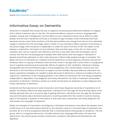 Informative Essay on Dementia