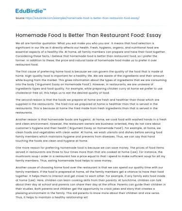 Homemade Food Is Better Than Restaurant Food: Essay