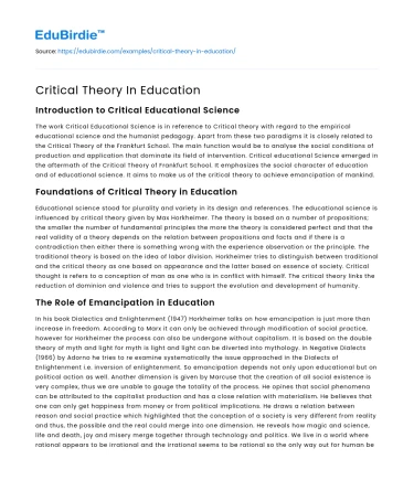 Critical Theory In Education