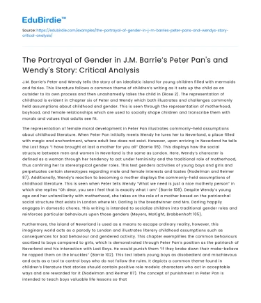 Gender Portrayal in JM Barrie’s Peter Pan: Critical Analysis