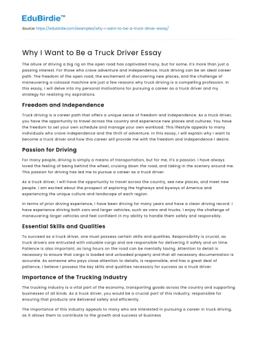 Why I Want to Be a Truck Driver Essay