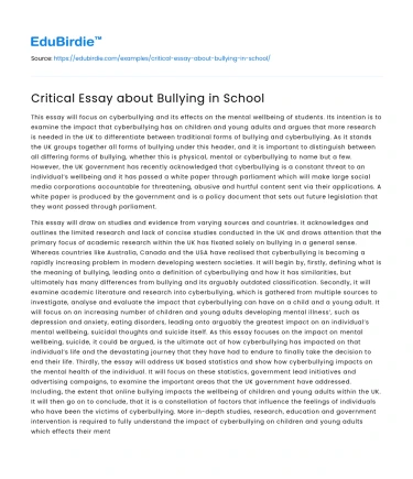 Critical Essay about Bullying in School