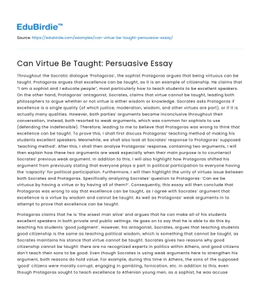 Can Virtue Be Taught: Persuasive Essay