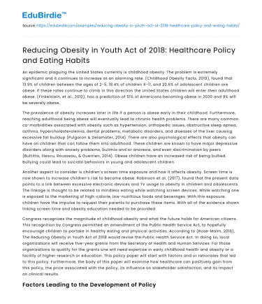 Reducing Obesity in Youth Act of 2018: Healthcare Policy and Eating Habits