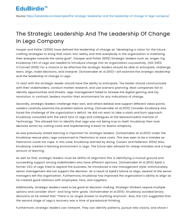 The Strategic Leadership And The Leadership Of Change In Lego Company