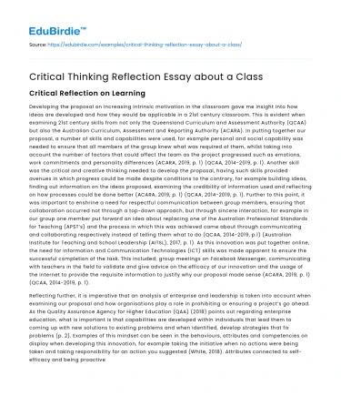 Critical Thinking Reflection Essay about a Class
