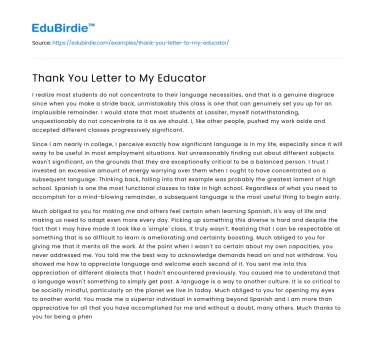 Thank You Letter to My Educator