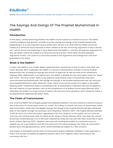 The Sayings And Doings Of The Prophet Muhammad In Hadith