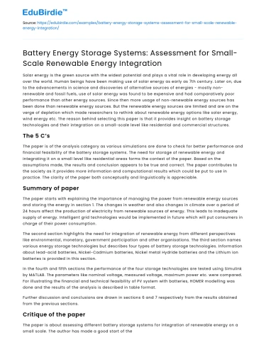 Assessing Battery Storage for Small-Scale Renewables