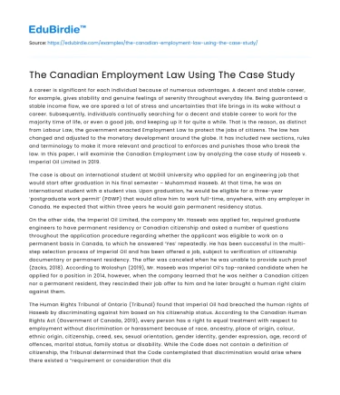 The Canadian Employment Law Using The Case Study