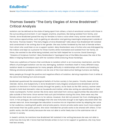 Analyzing Thomas Sweet’s Perspective on Anne Bradstreet’s Elegies