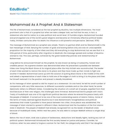 Mohammad As A Prophet And A Statesman