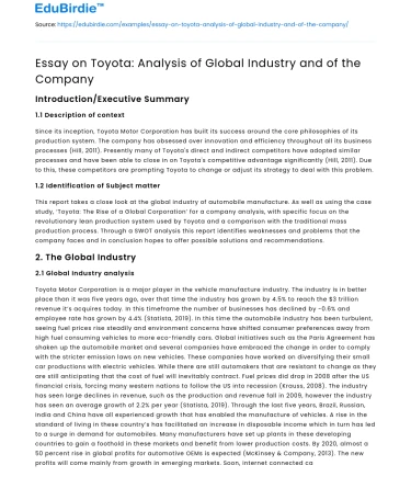 Essay on Toyota: Analysis of Global Industry and of the Company