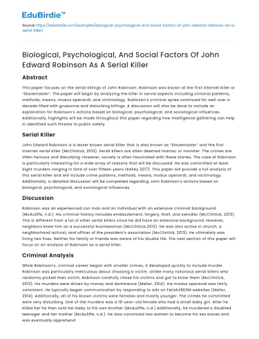 Factors of John Edward Robinson as a Serial Killer