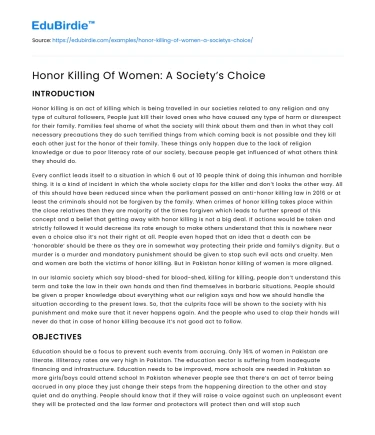 Honor Killing Of Women: A Society’s Choice