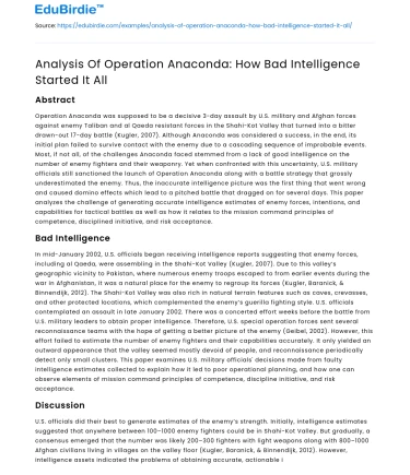 Analysis Of Operation Anaconda: How Bad Intelligence Started It All