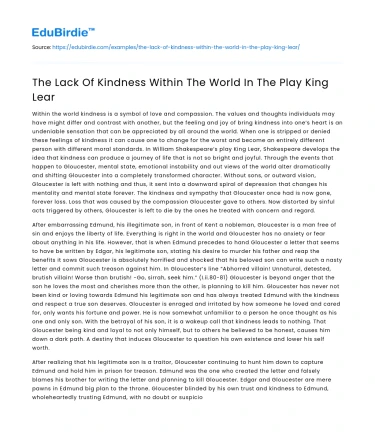 The Lack Of Kindness Within The World In The Play King Lear