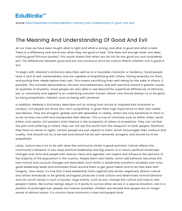 The Meaning And Understanding Of Good And Evil