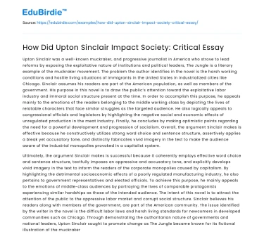 How Did Upton Sinclair Impact Society: Critical Essay