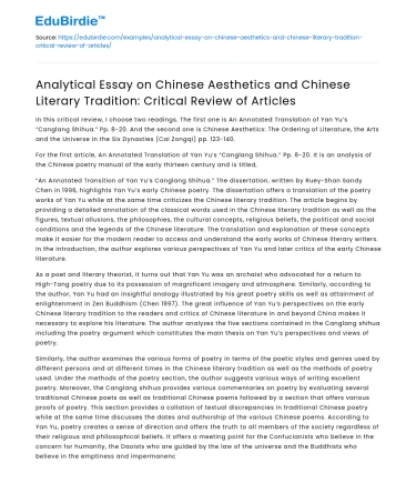 Chinese Aesthetics & Literary Tradition: Critical Review