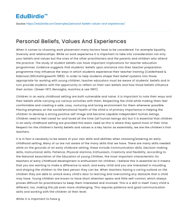 Personal Beliefs, Values And Experiences