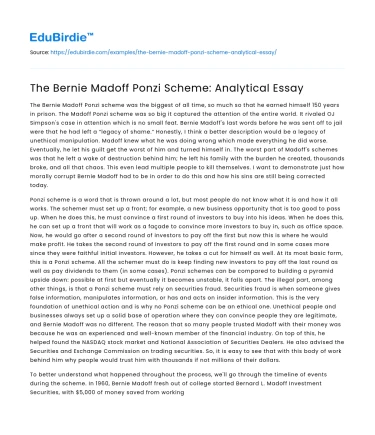 The Bernie Madoff Ponzi Scheme: Analytical Essay