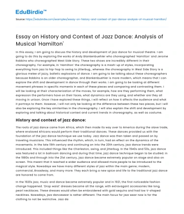 History and Context of Jazz Dance: Analysis of Musical ‘Hamilton’