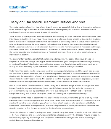 Essay on ‘The Social Dilemma’: Critical Analysis