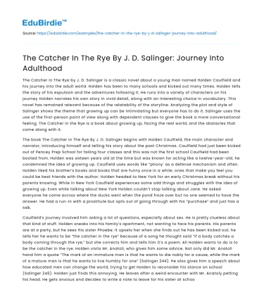 The Catcher In The Rye By J. D. Salinger: Journey Into Adulthood