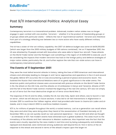 Post 9/11 International Politics: Analytical Essay