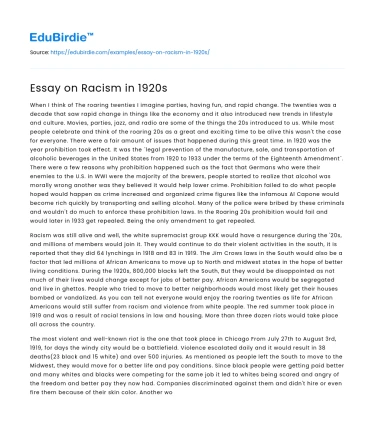 Essay on Racism in 1920s