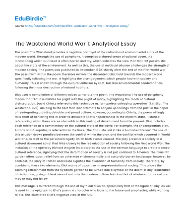 The Wasteland World War 1: Analytical Essay