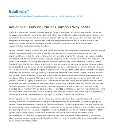 Reflective Essay on Harriet Tubman’s Way of Life