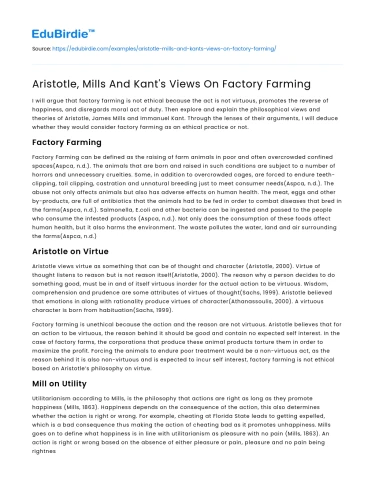 Aristotle, Mills And Kant’s Views On Factory Farming