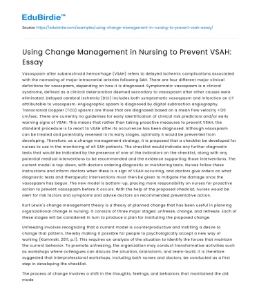 Using Change Management in Nursing to Prevent VSAH: Essay