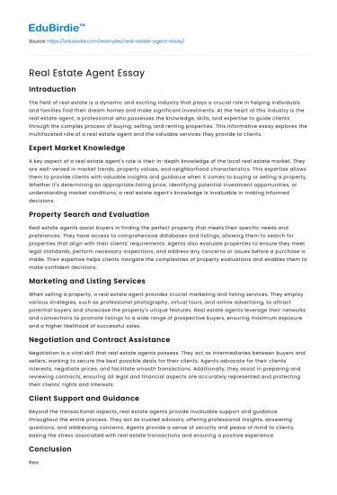 Real Estate Agent Essay