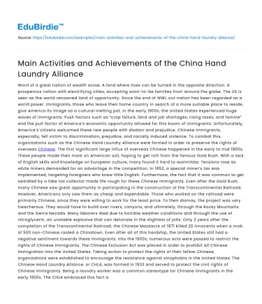 Main Activities and Achievements of the China Hand Laundry Alliance
