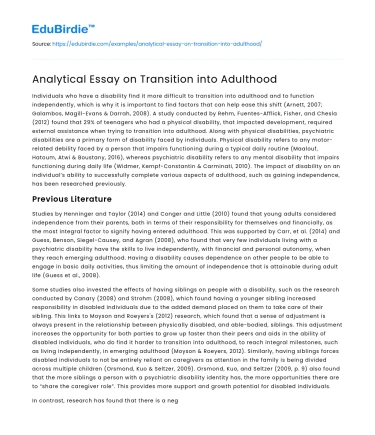 Analytical Essay on Transition into Adulthood