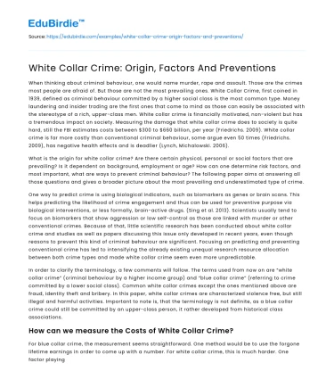 White Collar Crime: Origin, Factors And Preventions