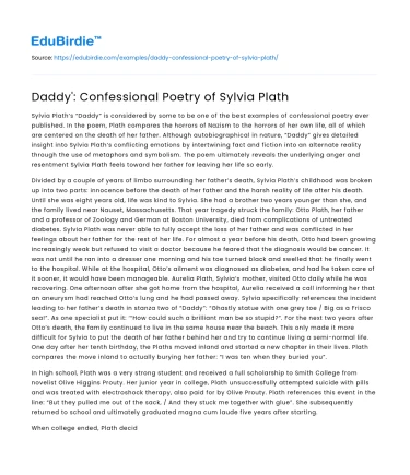 Daddy’: Confessional Poetry of Sylvia Plath