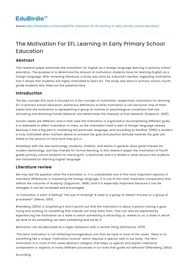 The Motivation For EFL Learning In Early Primary School Education