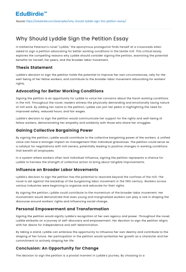 Why Should Lyddie Sign the Petition Essay